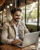 ai généré une homme est souriant tandis que en utilisant le sien portable à travail en dehors de une café magasin photo