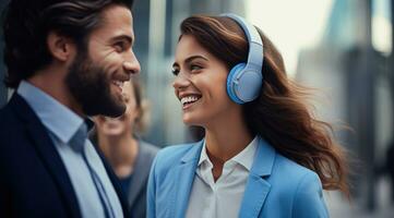 ai généré une homme est portant écouteurs tandis que une femme sourit photo