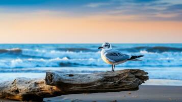 ai généré crépuscule scène avec mouette perché sur bois flotté à une parfait plage avec copie espace photo