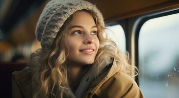 ai généré une Jeune femme séance sur une train à la recherche en dehors le fenêtre photo