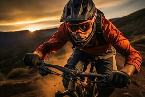 ai généré une Montagne motard, portant une casque et des lunettes de soleil, est équitation dans le le coucher du soleil photo