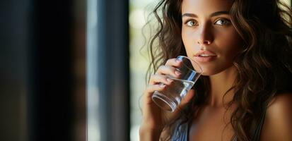 ai généré une femme en buvant l'eau de à l'intérieur une verre photo