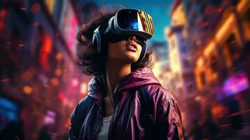 ai généré une Jeune fille dans virtuel réalité, à la recherche à une ville à nuit photo