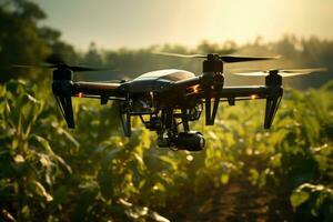 ai généré aérien vue de ferme drone en volant plus de campagne, le coucher du soleil photo