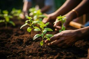 ai généré un image de une diverse groupe de gens engagé dans plantation dans une communauté jardin avec une concentrer sur mains plantation semis avec vide espace pour texte photo