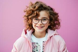 ai généré fille avec des lunettes contre rose Contexte photo