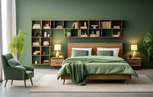 ai généré Maître chambre vert velours chambre intérieur avec en bois étagères photo