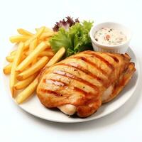 ai généré grillé poulet filet avec français frites réel photo