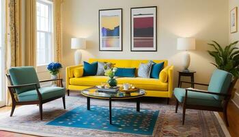 ai généré une confortable et vibrant vivant pièce avec une Jaune canapé et bleu chaises photo