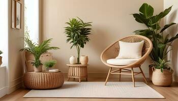 ai généré une confortable et attrayant pièce avec osier chaise, tissé panier, et mis en pot les plantes photo