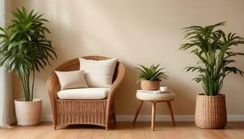 ai généré confortable Accueil décor avec une confortable fauteuil et vert les plantes photo