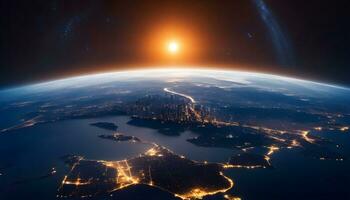 ai généré Terre à nuit une Stupéfiant vue de le planète lumières photo