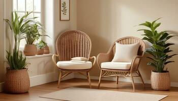 ai généré confortable osier chaises et les plantes dans une ensoleillé pièce photo