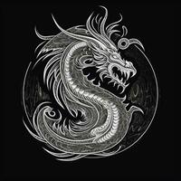 ai généré vague logo avec une dragon dans blanc sur une noir Contexte. génératif ai photo