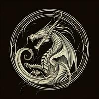 ai généré vague logo avec une dragon dans blanc sur une noir Contexte. génératif ai photo