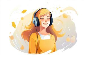 ai généré dessin animé fille écoute à la musique dans vecteur illustration. génératif ai photo