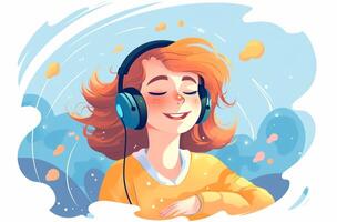 ai généré dessin animé fille écoute à la musique vecteur et prendre plaisir le rythme illustration. génératif ai photo