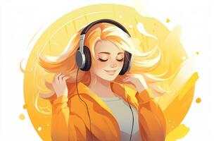 ai généré dessin animé fille écoute à la musique dans vecteur illustration. génératif ai photo