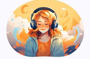 ai généré dessin animé fille écoute à la musique dans une voyage. génératif ai photo