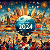 ai généré content Nouveau année 2024 avec une Bienvenue fête par toutes les personnes dans le monde photo