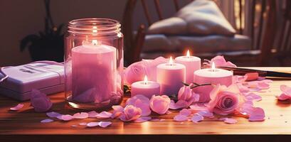 ai généré lavande bougies, Rose pétales, et un Orange pétrole rouleau sur une table photo