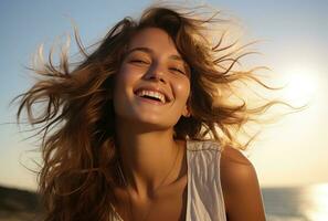 ai généré souriant Jeune femme en riant dans le vent photo