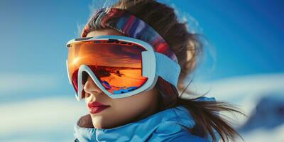 ai généré neige des sports femme portant ski des lunettes de protection dans une Montagne Contexte photo