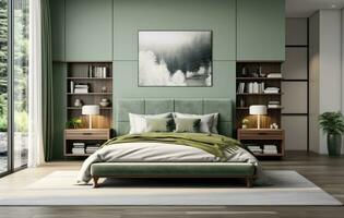 ai généré Maître chambre vert velours chambre intérieur avec en bois étagères photo