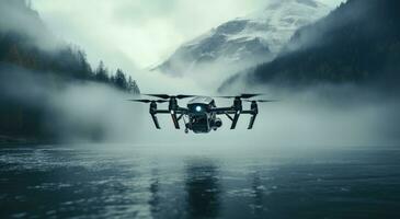 ai généré homme en volant drone autour nuageux Montagne l'eau photo