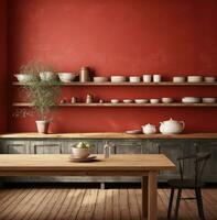ai généré de une terne cuisine avec rouge brique des murs et une en bois table photo