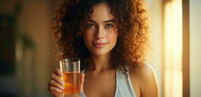 ai généré content femme en portant une verre de l'eau content femme photo