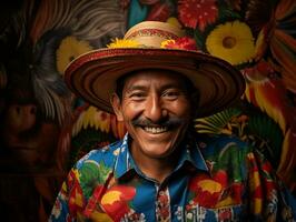 ai généré un personnes âgées Latin Américain, mexicain homme dans le chapeau sur le rue de une Latin américain ville. nationale festival. une content, ne pas riches homme. photoréaliste. ai généré. photo