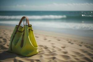 ai généré Jaune plage sac sur le le sable avec mer et ciel dans le Contexte. génératif ai photo