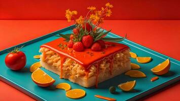 ai généré Orange gâteau avec des fraises sur une bleu assiette sur une rouge Contexte. génératif ai photo
