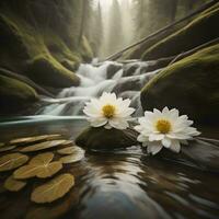 ai généré blanc lotus fleur sur le Roche dans le forêt avec cascade Contexte. génératif ai photo