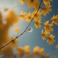 ai généré branche avec Jaune fleurs et lune dans le ciel, la nature Contexte. génératif ai photo