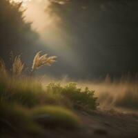 ai généré brumeux Matin dans le Prairie avec herbe et Soleil éclater. génératif ai photo