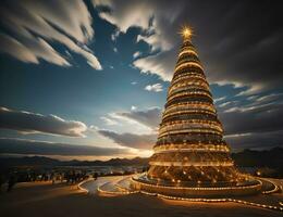 ai généré magnifique Noël arbre dans le montagnes avec d'or lumières à le coucher du soleil. génératif ai photo