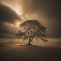 ai généré solitaire arbre dans le désert à le coucher du soleil. génératif ai photo