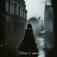 ai généré Jeune femme dans une longue robe dans le brumeux rue à nuit. génératif ai photo
