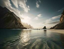 ai généré magnifique le coucher du soleil à le plage avec turquoise l'eau et rochers. génératif ai photo