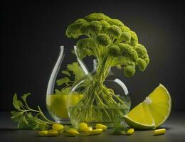 ai généré Frais vert brocoli dans une verre vase sur une noir Contexte. génératif ai photo