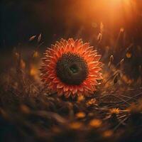 ai généré magnifique Orange tournesol dans le champ à le coucher du soleil. peu profond profondeur de champ. génératif ai photo