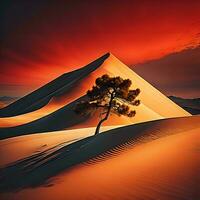 ai généré désert paysage avec le sable dunes et pin arbre à le coucher du soleil. génératif ai photo