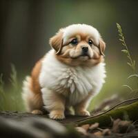 ai généré chiot de pékinois dans le forêt. chiot dans le la nature. génératif ai photo