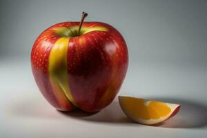 ai généré rouge Pomme avec tranche de Orange sur blanc Contexte. ai généré photo