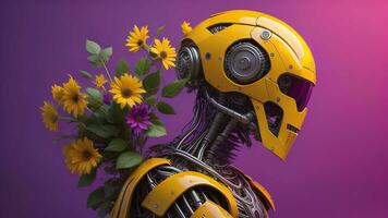 ai généré cyborg avec fleurs sur violet Contexte. génératif ai photo