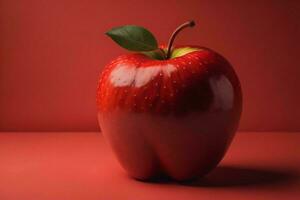 ai généré rouge Pomme avec vert feuille sur rouge Contexte. génératif ai photo