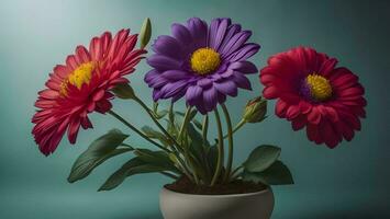 ai généré coloré chrysanthèmes dans une pot sur une bleu Contexte. génératif ai photo