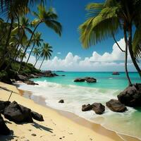 ai généré tropical plage avec paume des arbres et rochers. paysage marin. génératif ai photo